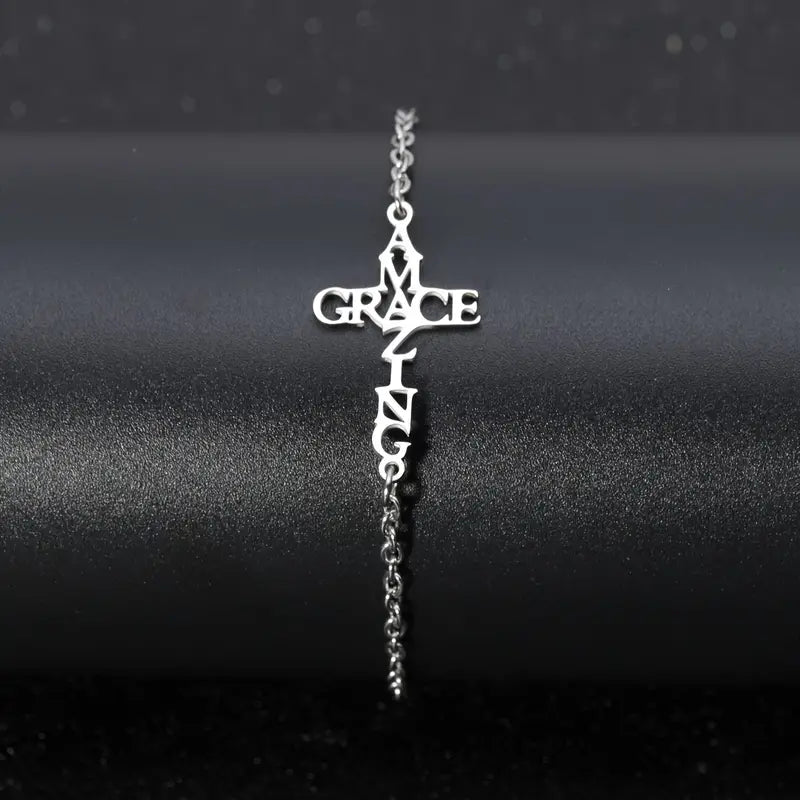 Stainless Steel Love, Faith Letter Cross Bracelets - Mercy Plus Grace