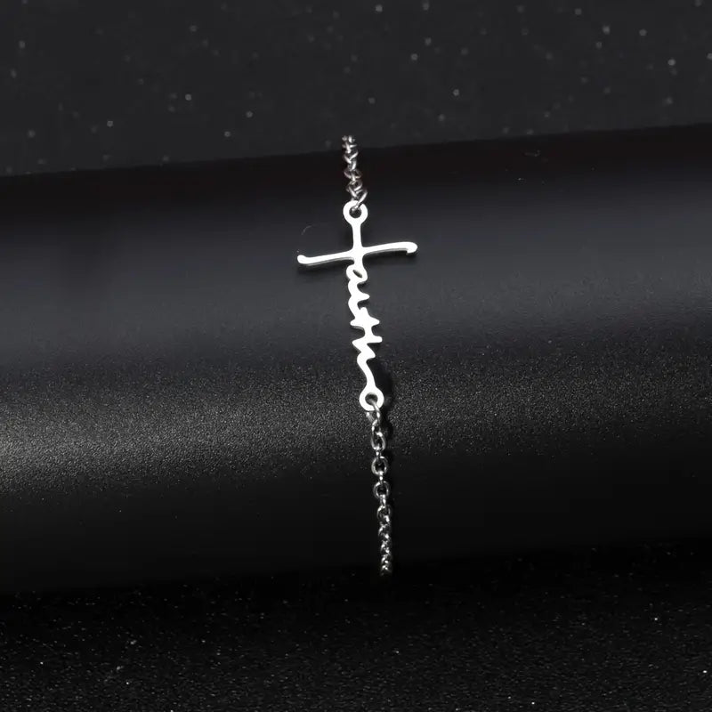 Stainless Steel Love, Faith Letter Cross Bracelets - Mercy Plus Grace