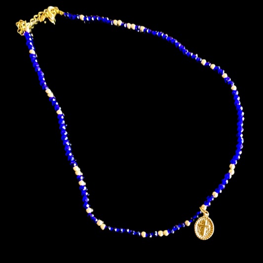 Lapis Blue Facet Seed Bead Necklace with Gold Cross Medallion Charm