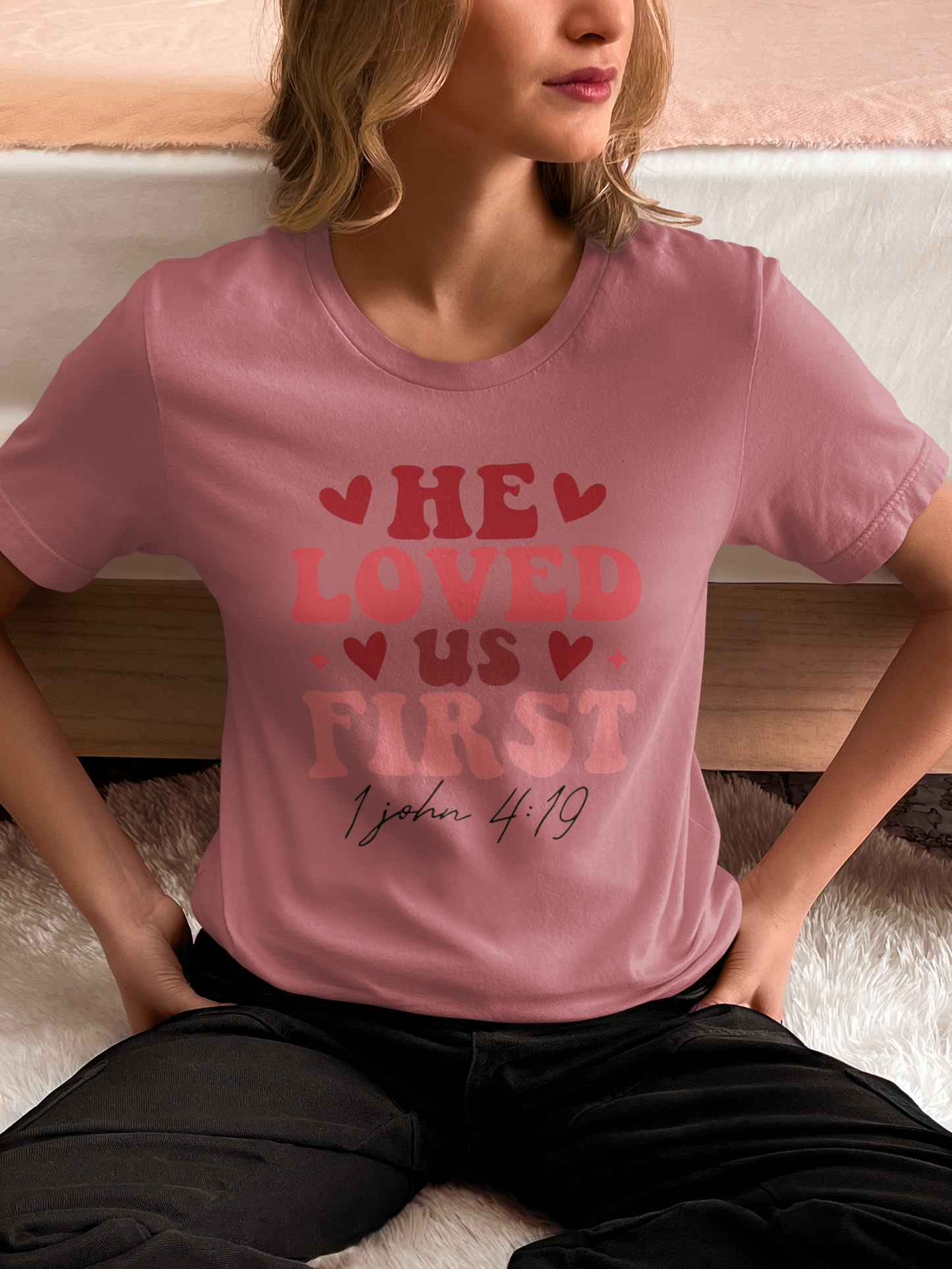 He Loved Us First Retro Mauve Short Sleeve T-Shirt