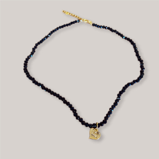 Black Facet Seed Bead Necklace with Gold Love Heart Charm - Mercy Plus Grace