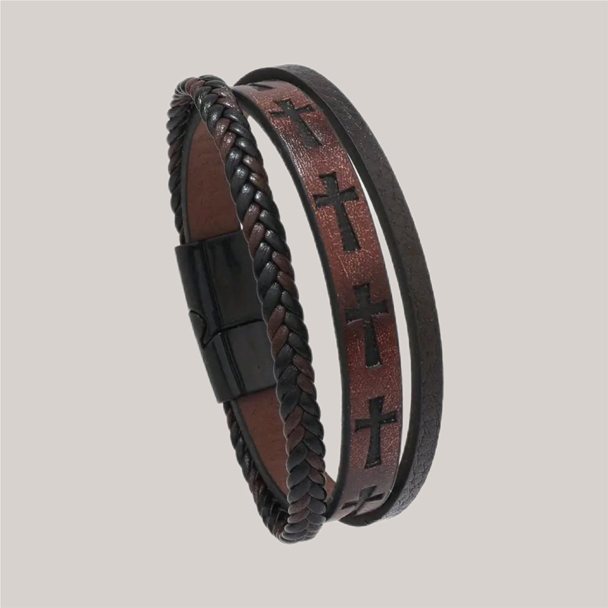 Brown Cow - Hide Leather Cross Embossed Magnetic Men's Bracelet - Mercy Plus Grace