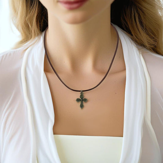 Brown Leather Rustic Cross Necklace - Mercy Plus Grace