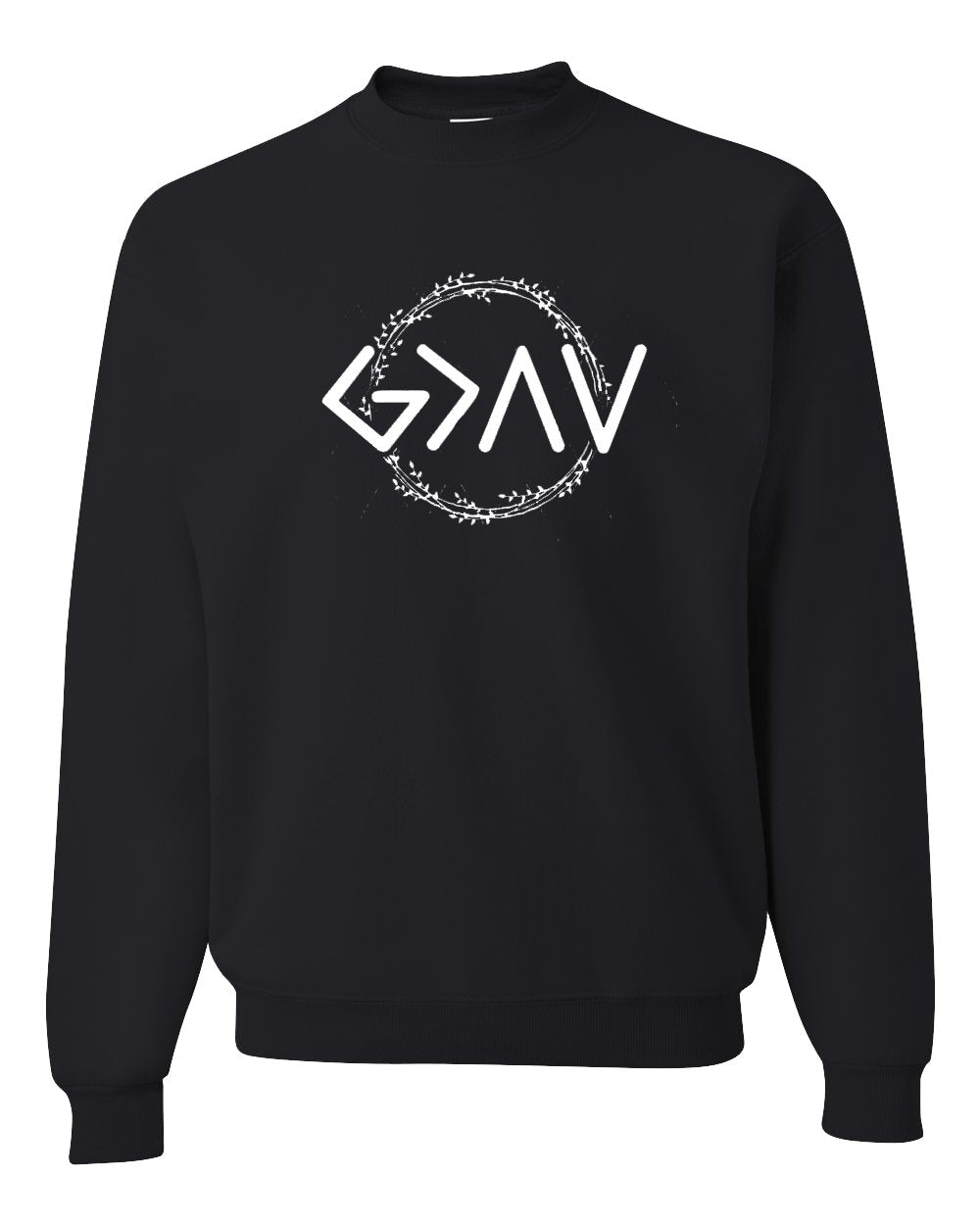 God is Greater Romans 8:38 Black Sweatshirt - Mercy Plus Grace