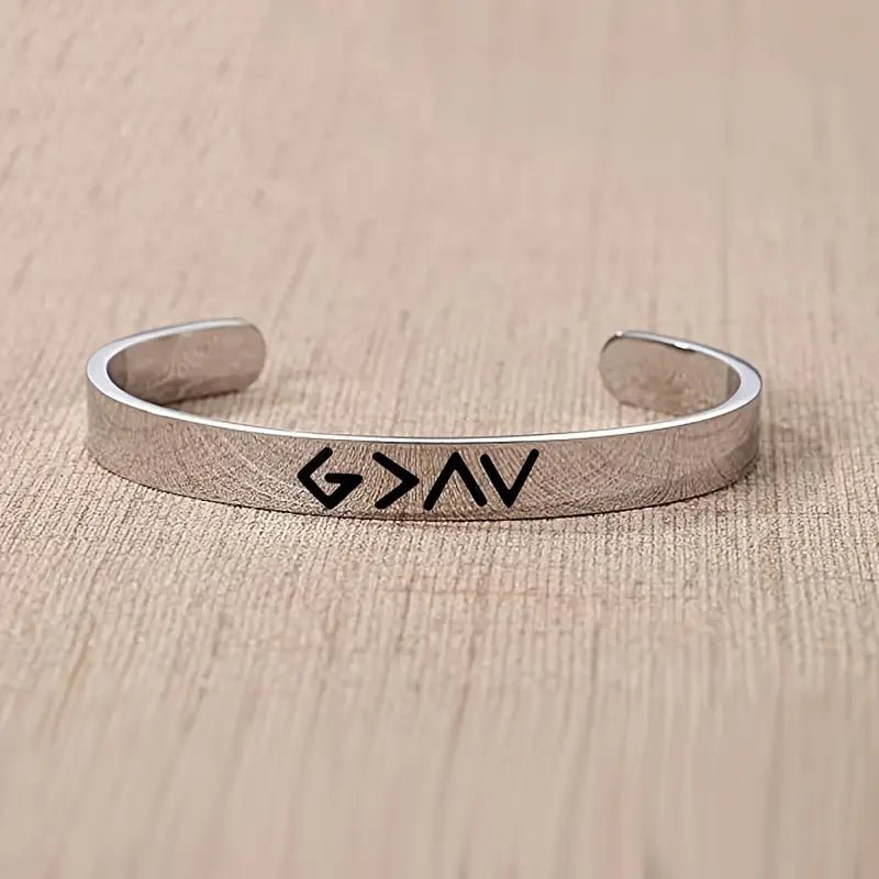 God is Greater Silver Cuff - Mercy Plus Grace