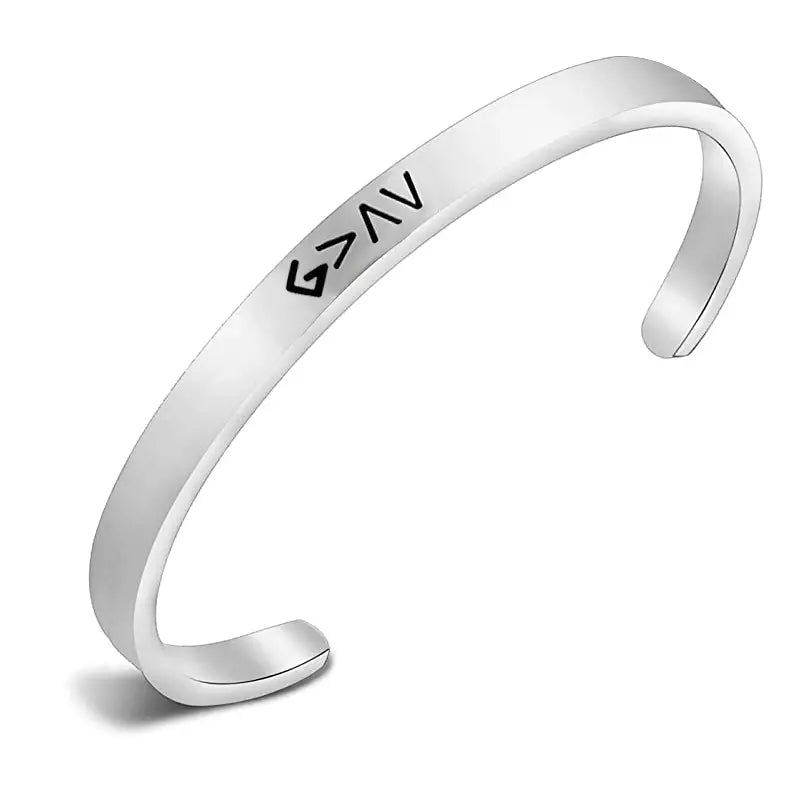 God is Greater Silver Cuff - Mercy Plus Grace