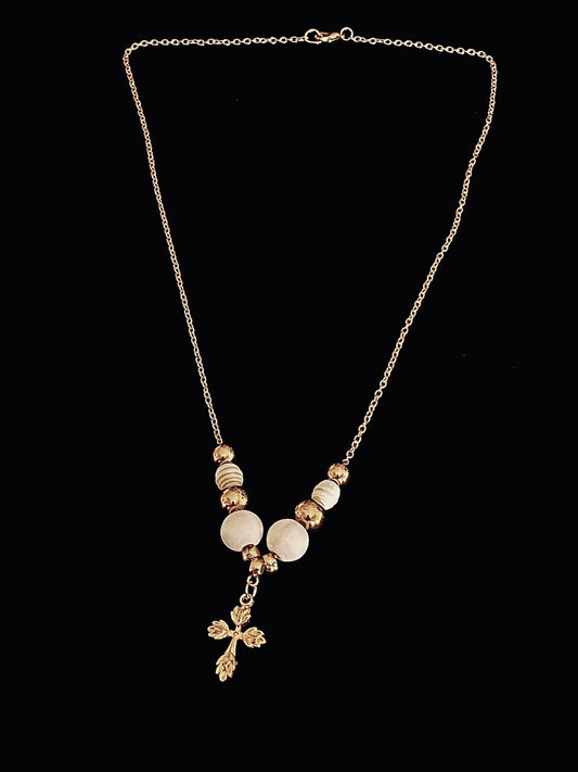LADIES GOLD CHAIN WHITE WOODEN BEAD CROSS NECKLACE