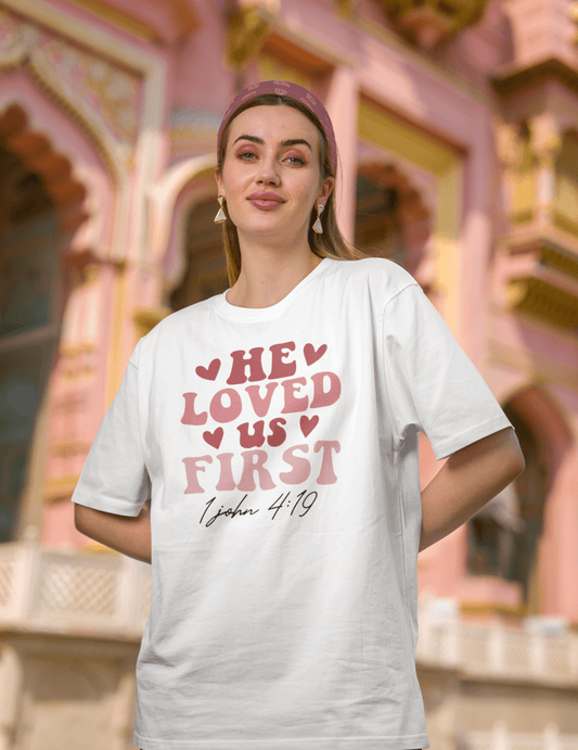 He Loved Us First Retro White Short Sleeve T-Shirt - Mercy Plus Grace