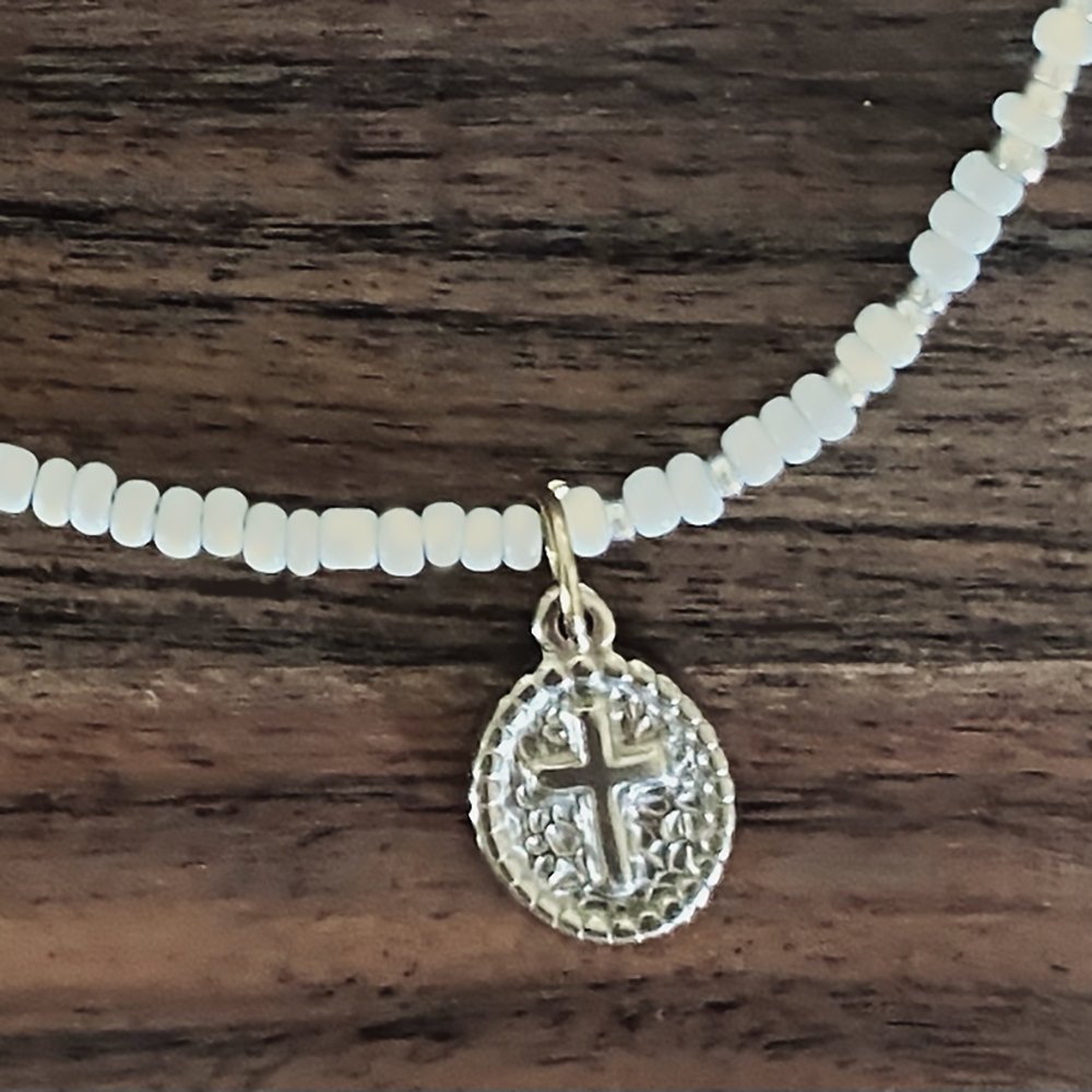 Ivory & Gold Seed Bead Cross Medallion Necklace - Mercy Plus Grace