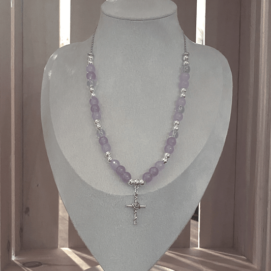 LADIES SILVER CHAIN GLASS BEADED ROSE CROSS NECKLACE-LAVENDER