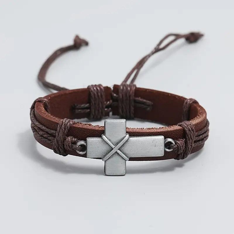 Leather Adjustable Alloy Silver Cross Bracelet - 3PC Set - Mercy Plus Grace