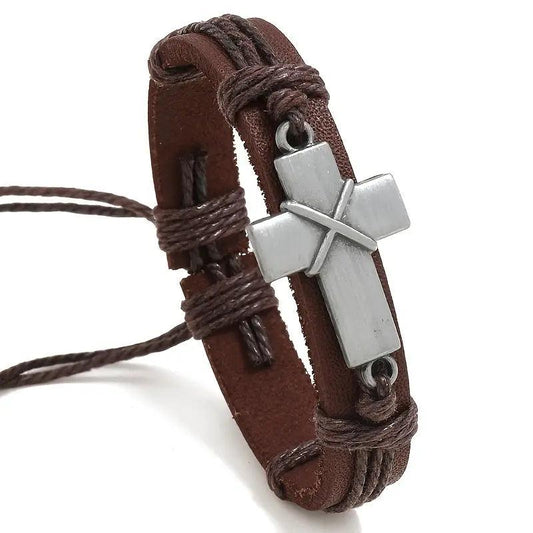 Leather Adjustable Alloy Silver Cross Bracelet - Mercy Plus Grace