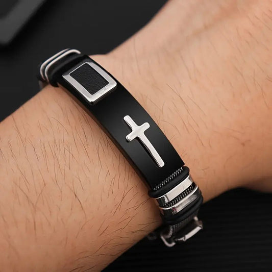 Men's Black Stainless Steel Cross Bracelet - Mercy Plus Grace