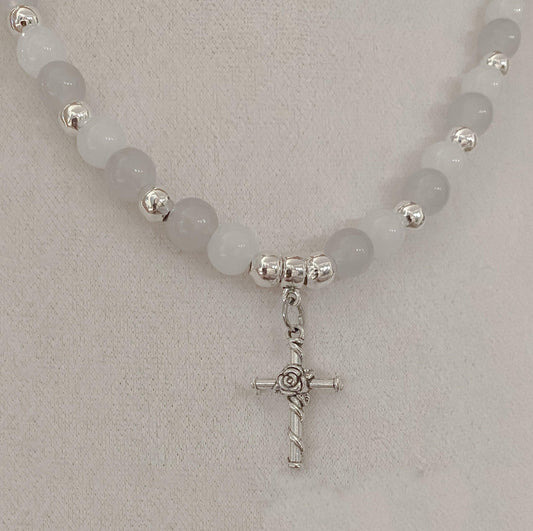 Mercy + Grace Grey Tone Beaded Silver Chain and Cross Necklace - Mercy Plus Grace