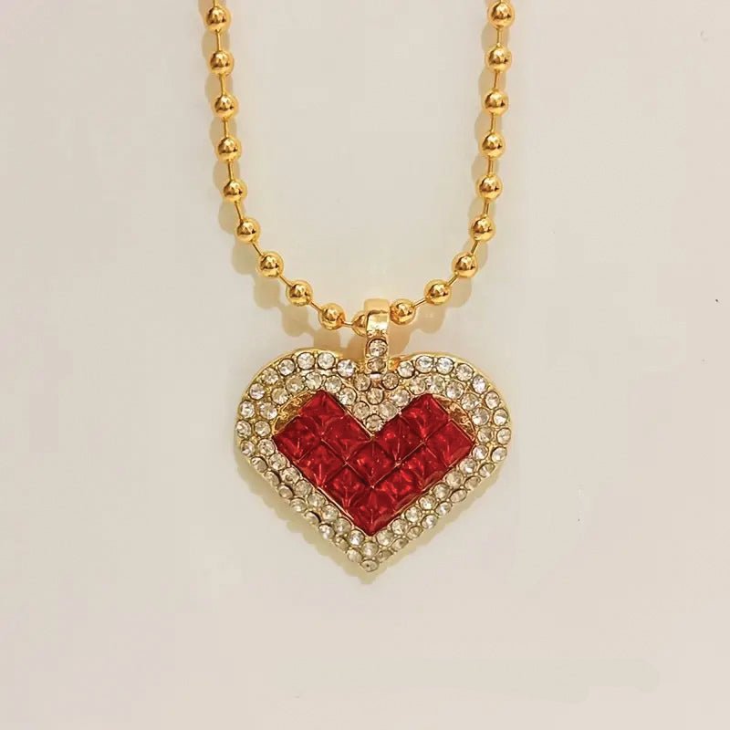 Red Rhinestone Heart Pendant Necklace - Mercy Plus Grace