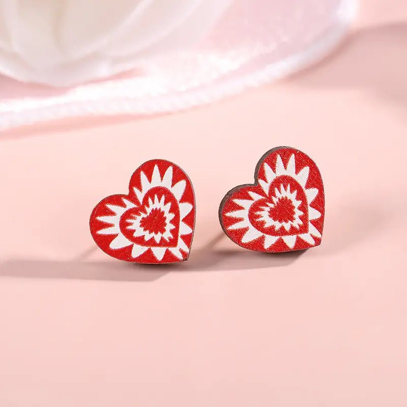 Red Wooden Heart Earring Studs - Mercy Plus Grace