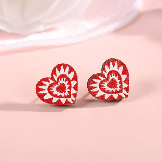 Red Wooden Heart Earring Studs - Mercy Plus Grace