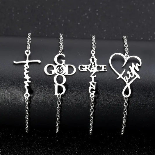 Stainless Steel Love, Faith Letter Cross Bracelets - Mercy Plus Grace