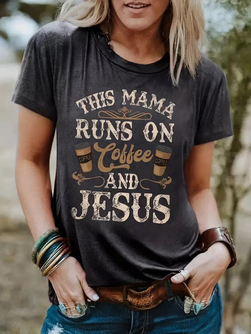 This Mama Runs on Coffee and Jesus Grey T-Shirt - Mercy Plus Grace