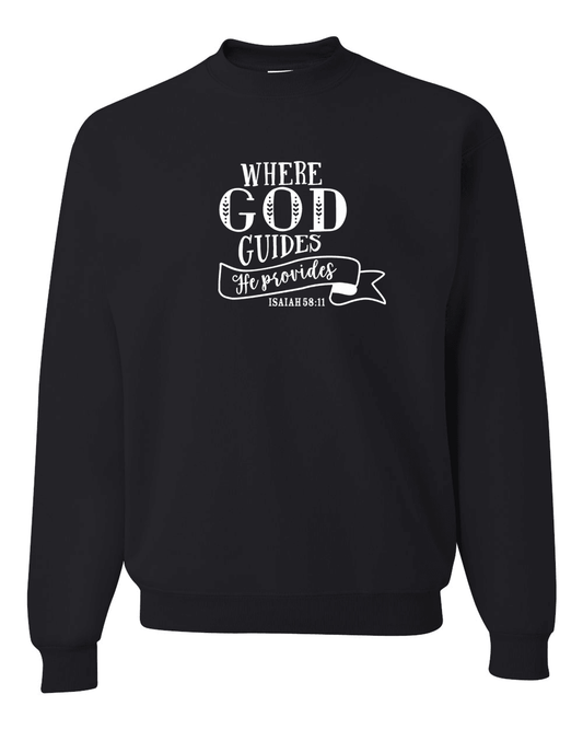 Where God Guides He Provides Unisex Black Fleece Sweatshirt - Mercy Plus Grace